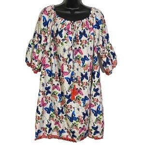 America & Beyond Mini Dress Butterfly Print Pink Pom Pom Hem Women’s Size XL